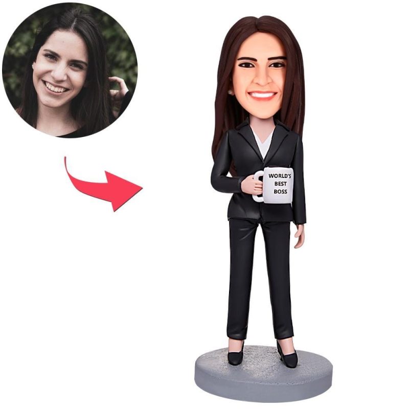 Personalized World’s Best Boss Business Woman Holding A Water Glass Bobbleheads With Engraved Text