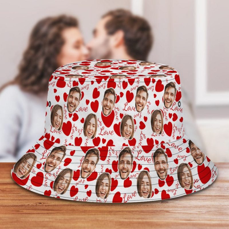 Custom Couples Bucket Hat Personalized Face Fisherman Cap Gifts for Valentine’s Day