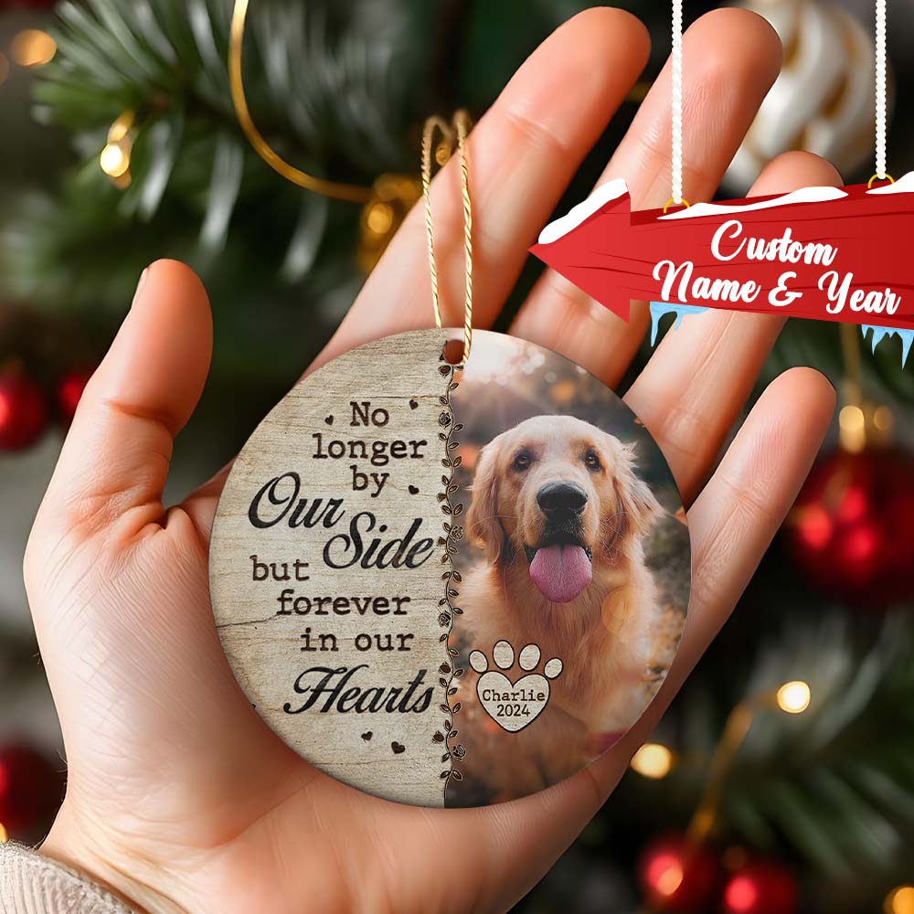 Custom Photo No Longer By Our Side - Memorial Personalized Custom Ornament - Ceramic Round Shaped - Christmas Gift, Sympathy Gift For Pet Owners, Pet Lovers - Image 2