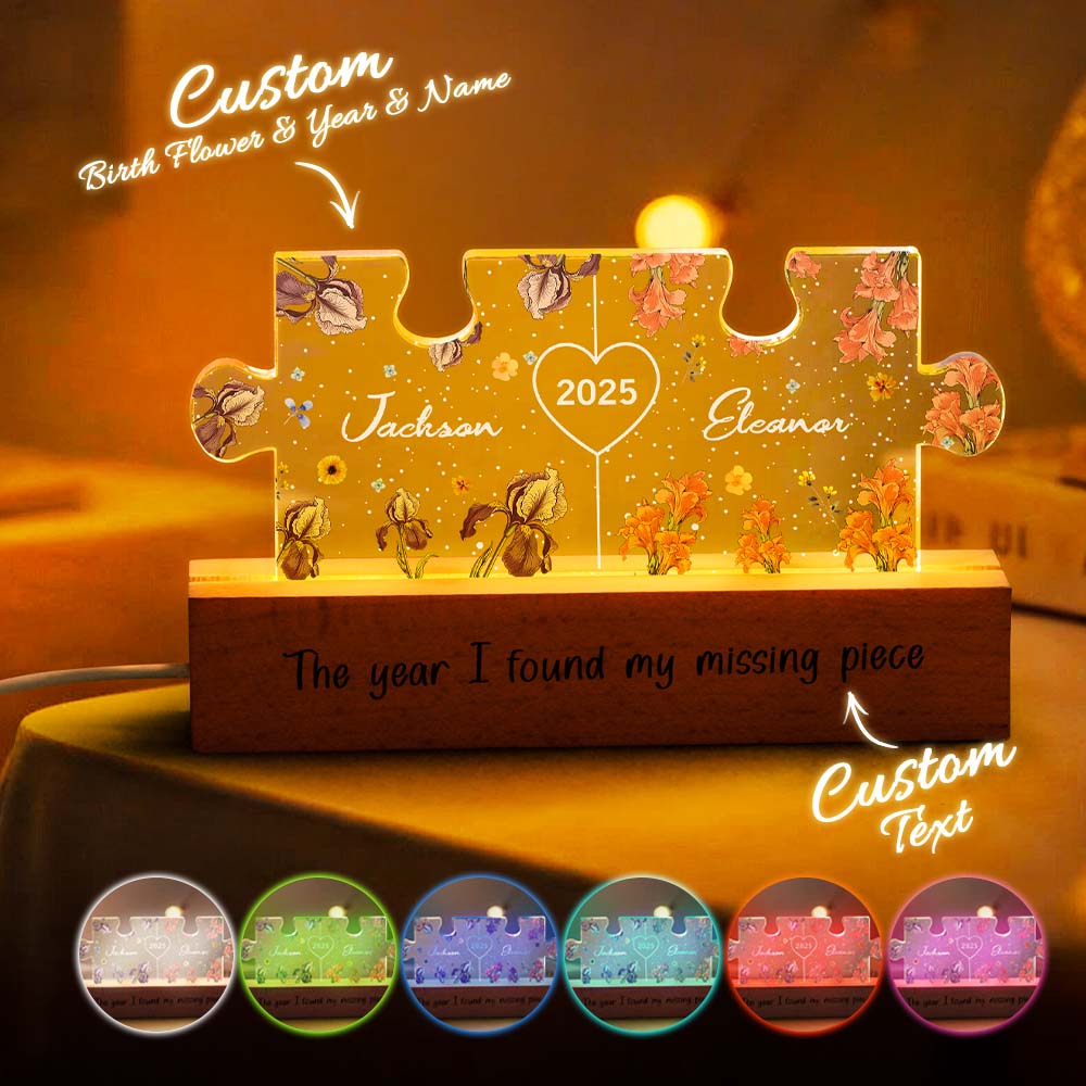 Personalized Couple Puzzle LED Night Light with Birth Flower Night Light Anniversary Gifts for Lover - Image 3
