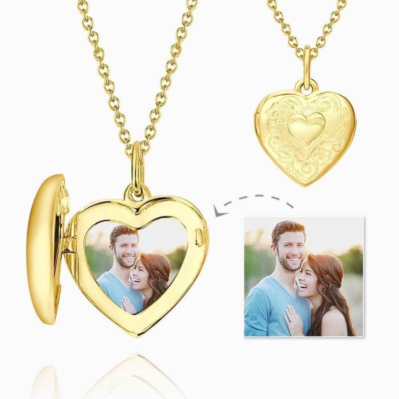 Heart Photo Locket Necklace With Name Embossed Printing 14k Gold Plated