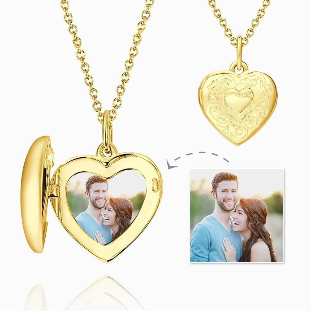 Heart Photo Locket Necklace With Name Embossed Printing 14k Gold Plated