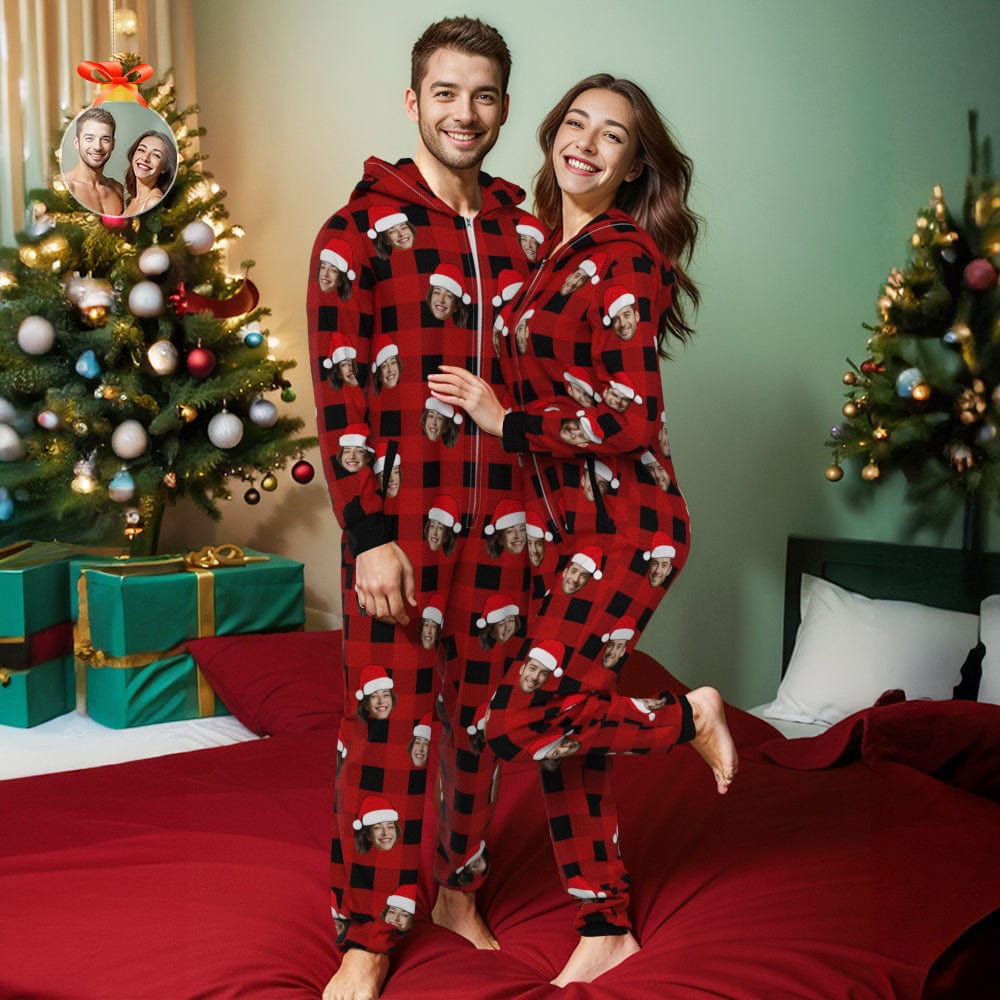 Custom Onesies Photo Pajamas One-Piece Sleepwear Red and Black Plaid Jumpsuit Homewear Christmas Gift - Image 2