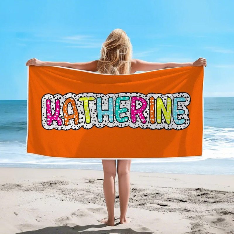 Personalized Dalmatian Dots Beach Towel with Rainbow Name Summer Vacation Bridesmaid Party Gift for Her