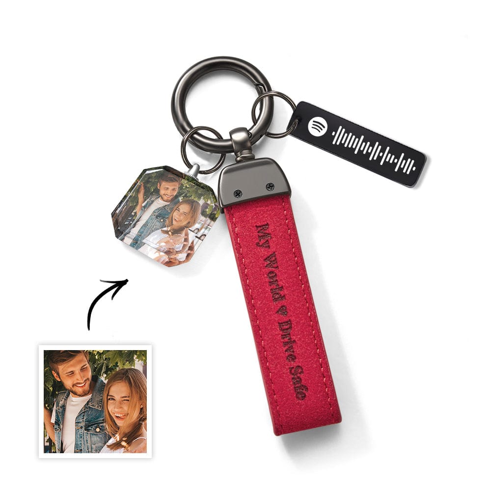 Drive Safe Personalized Engraved Leather Crystal Photo Spotify KeyChain