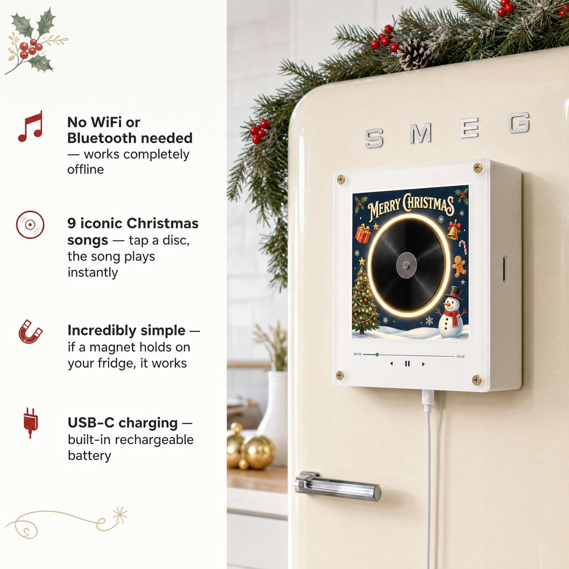Custom NFC Christmas Vinyl Record Music Player, 9 Discs Magnetic Disc Music Player USB Charge - Image 2