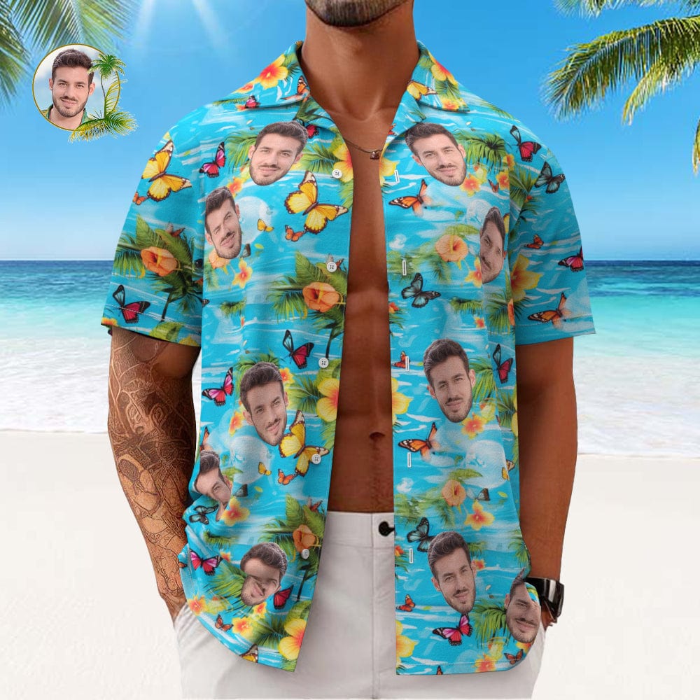 Custom Face All Over Print Men's Hawaiian Shirt Butterflies Yellow Flowers and Leaves - Image 2
