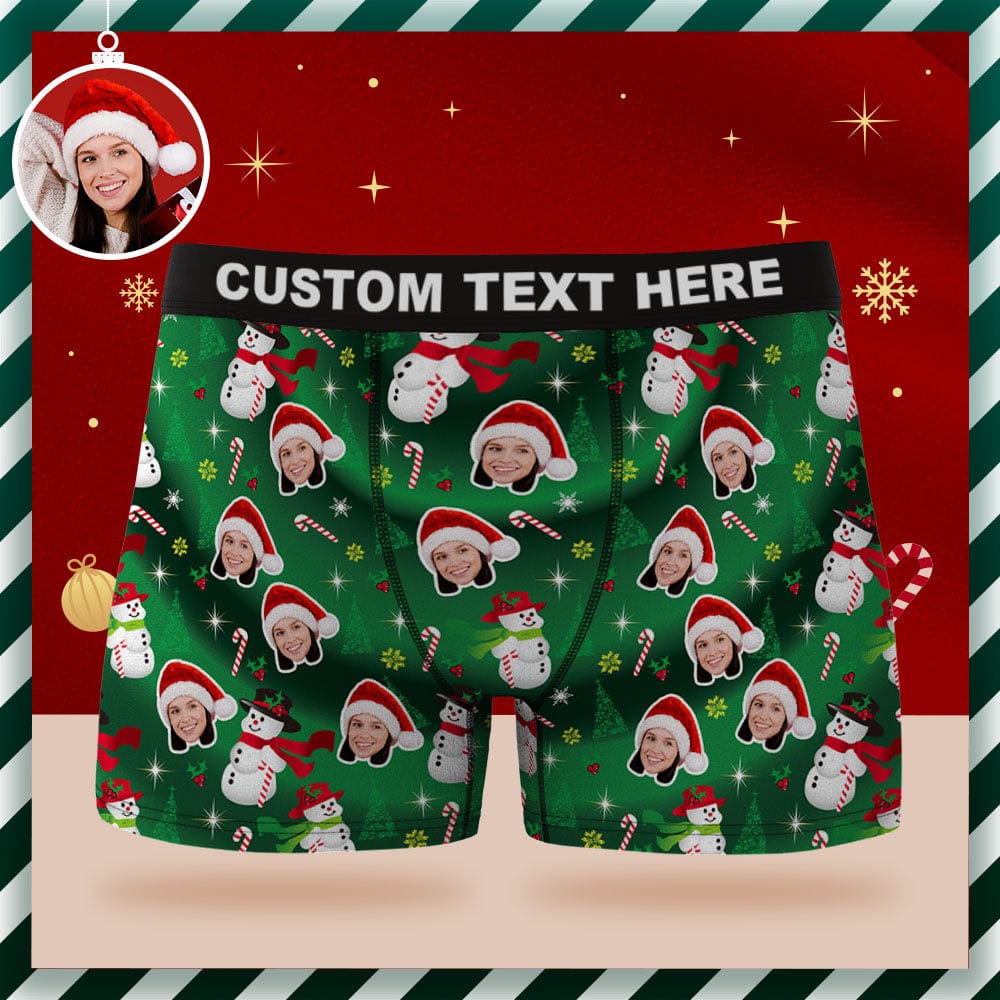 Custom Face Boxer Briefs Personalized Green Underwear Snowman Christmas Gifts for Him - Image 2