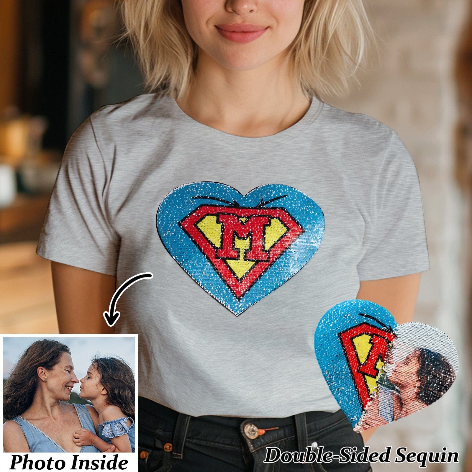 Custom Photo Heart Flip Double Sided Sequin T-shirt Personalized Picture Sequin Tee Mother's Day Gifts - Image 4
