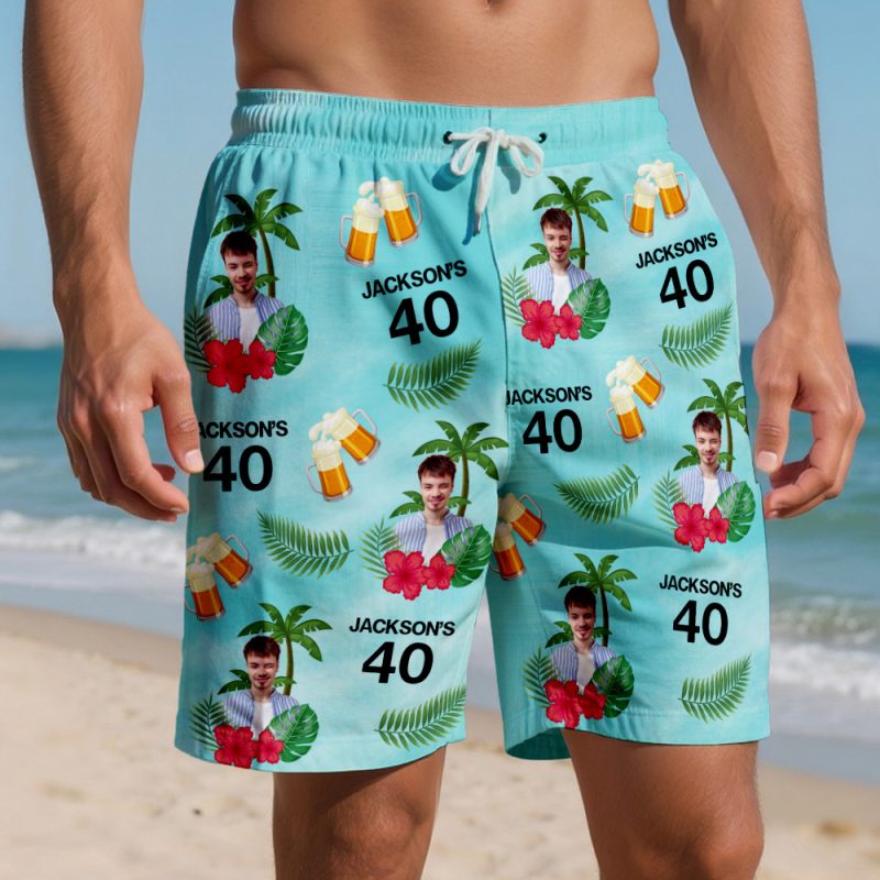 Custom Birthday Swim Trunks with Face and Text Birthday Gift for Him