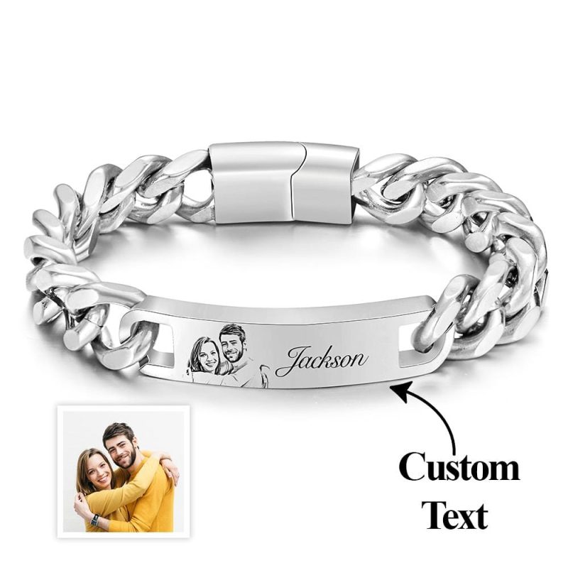 Custom Engraved Men’s Bracelet Stainless Steel Photo Vintage Bracelet Jewelry Father’s Day Gifts