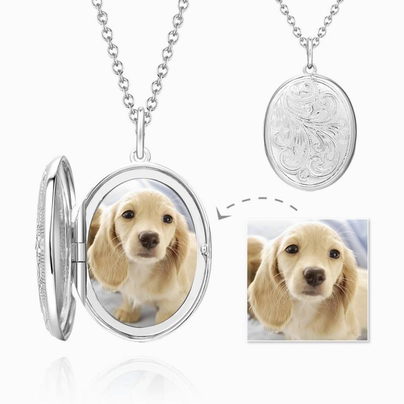 Photo Locket Necklace With Name Embossed Oval Platinum Plated