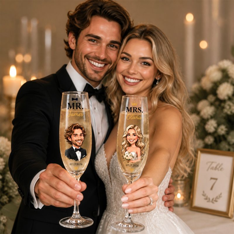 Personalized Wedding Champagne Flutes Set Custom Cartoon Photo Printed Glassware Romantic Wedding Gift For Bride Groom 4