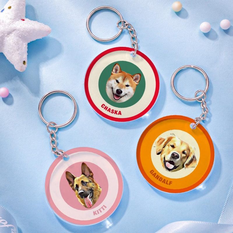Custom Round Keychain Personalized Pet Photo with Name Keychains Gift for Pet Lover – Red & Green