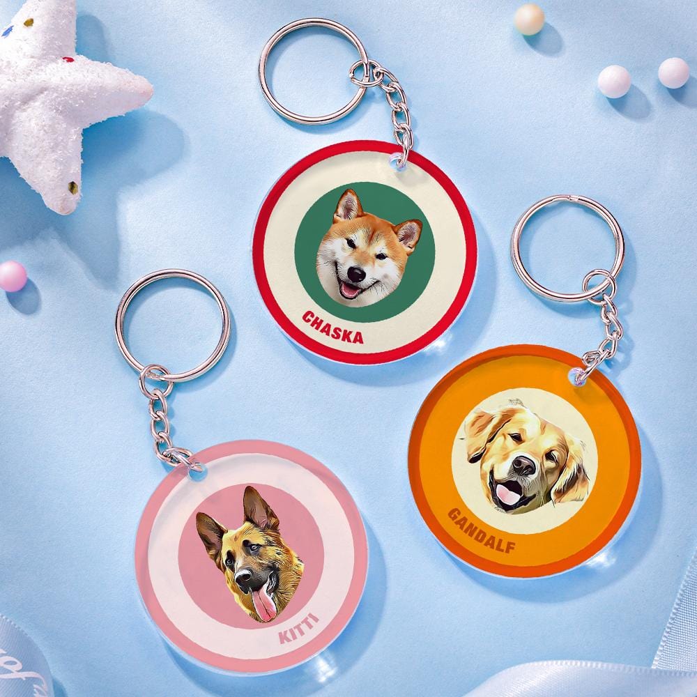 Custom Round Keychain Personalized Pet Photo with Name Keychains Gift for Pet Lover - Red & Green