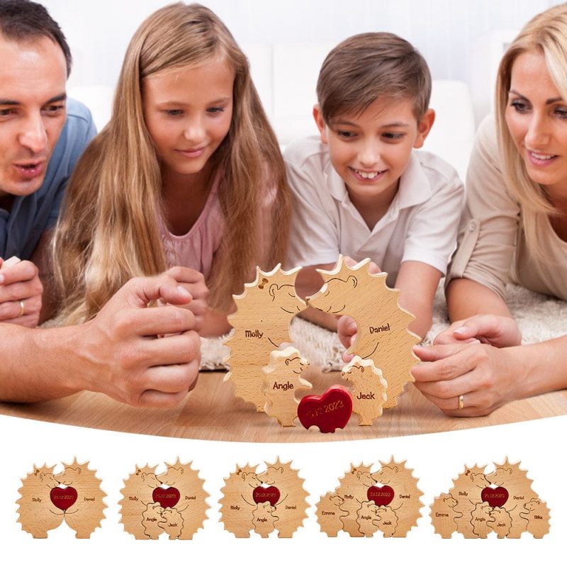 Custom Wooden Hedgehog Puzzle Personalized Hedgehog Family Names Puzzle Home Decor Gifts