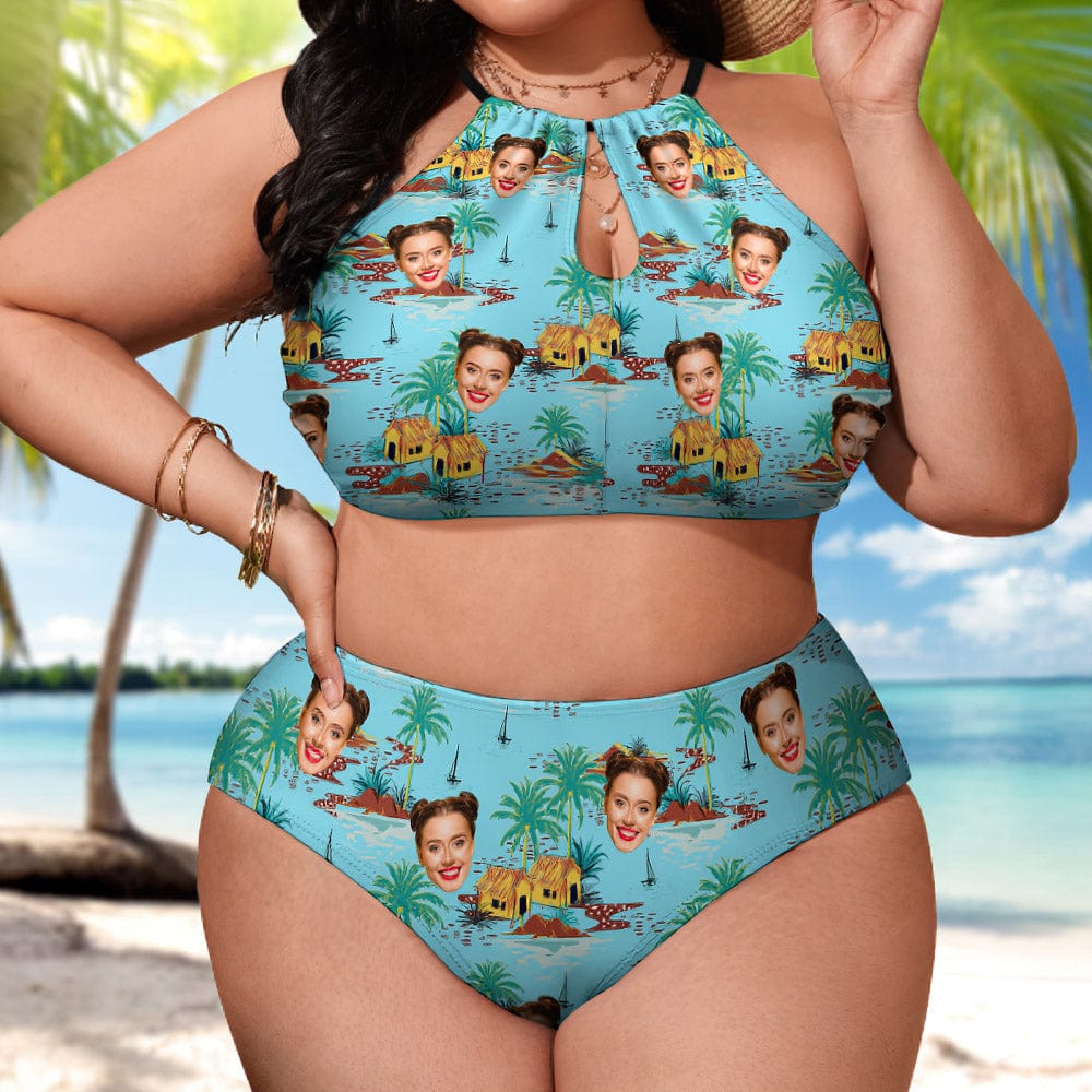 Personalized Swimsuits Custom Face Plus Size Swimwear High Waisted Bikini Swimsuit-Seaside - Image 2