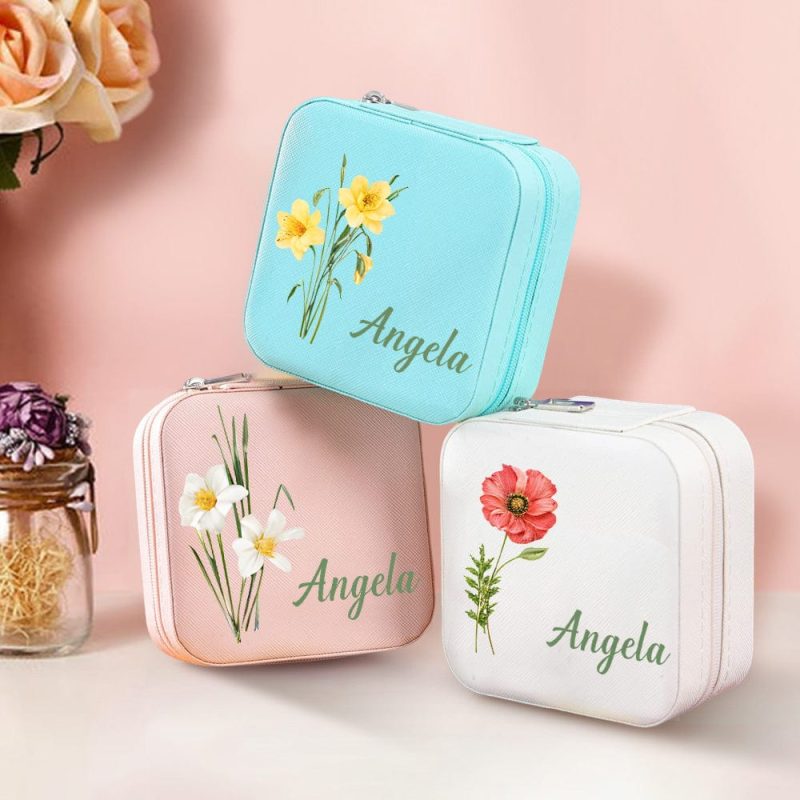 Personalized Name PU Leather Jewelry Box Birthflower Jewelry Organizer Gifts for Her