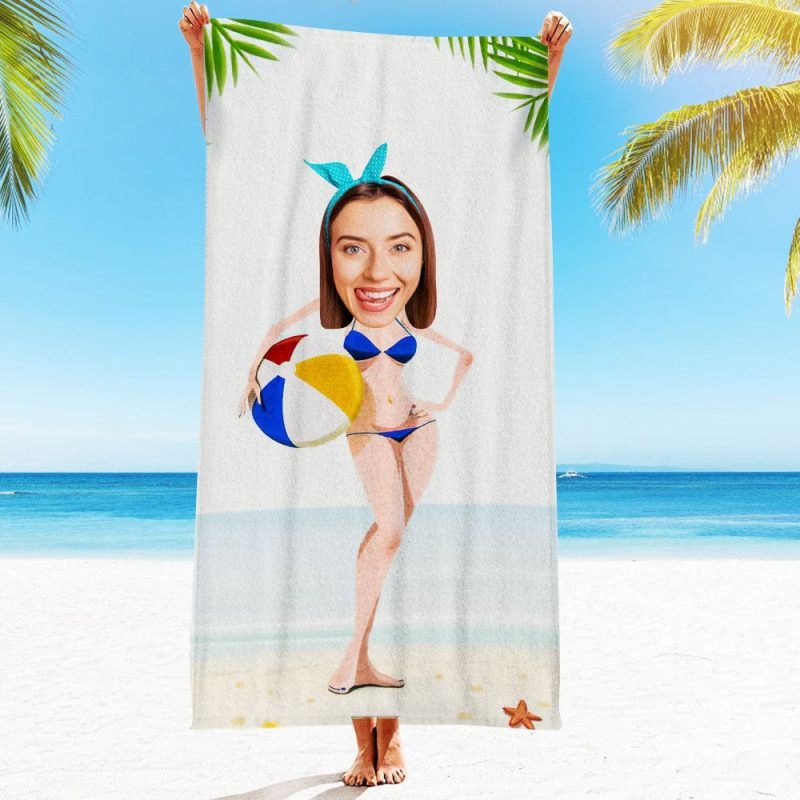 Custom Face Beach Towel Personalized Holding Ball Bikini Beauty Style Beach Towel Funny Gift for Summer
