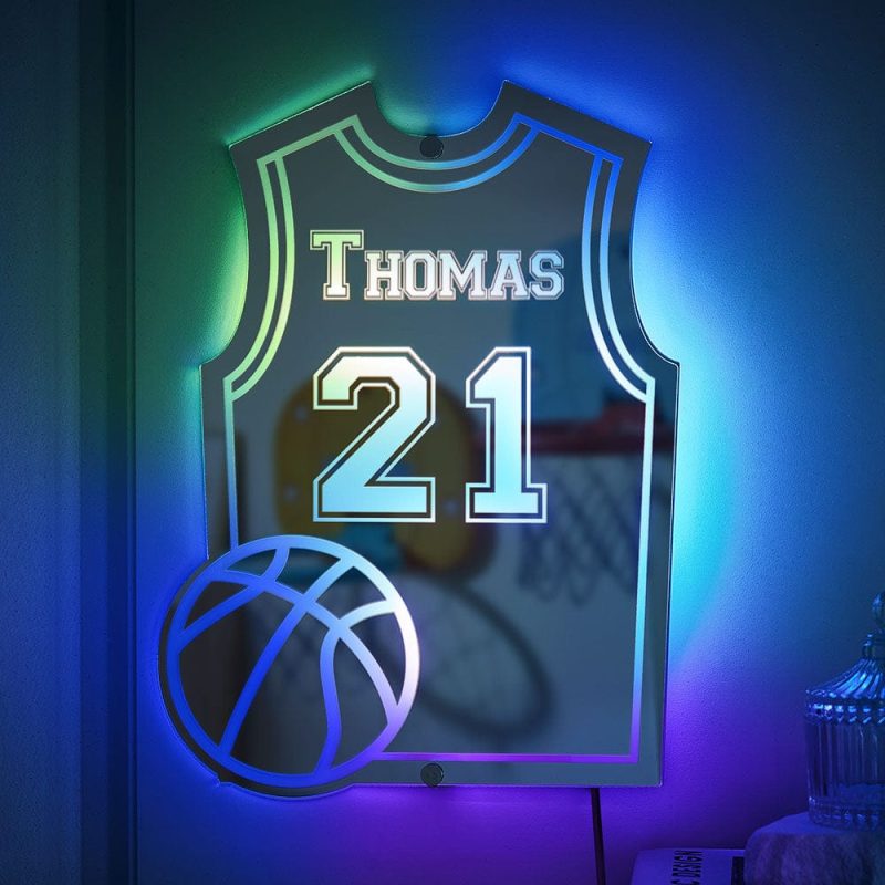 Custom Basketball Jersey Mirror Light with Name and Number Personalized Gift for Basketball Lover