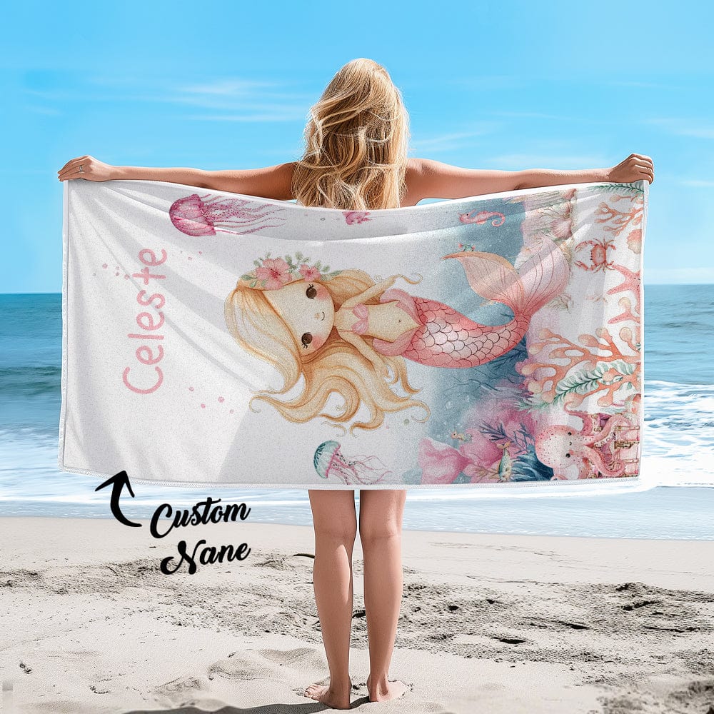 Personalized Cute Mermaid Beach Towel with Name Beach Vacation Accessories Gift for Girl - Image 2