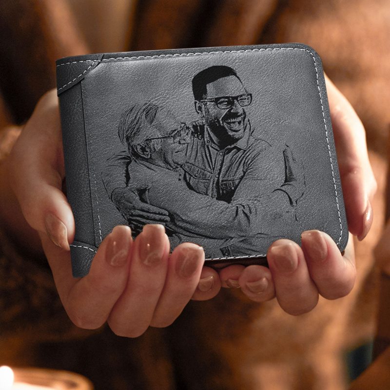 Men’s Wallet Custom Photo Engraved Wallet Grey Leather Personalized Wallets