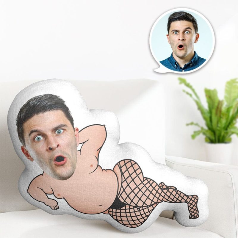 Custom Face Pillow Minime Dolls Lying Man Wearing Fishnet Stockings Personalized Photo Gift for Her