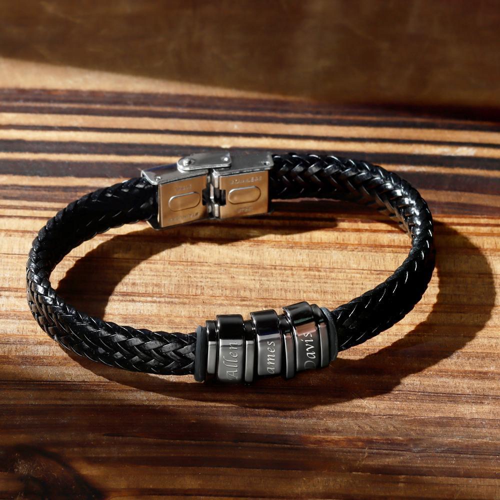 Personalized Bracelet For Men Father's Day Gift Leather Bracelet With Kids Name 1-6 Charms - Image 2