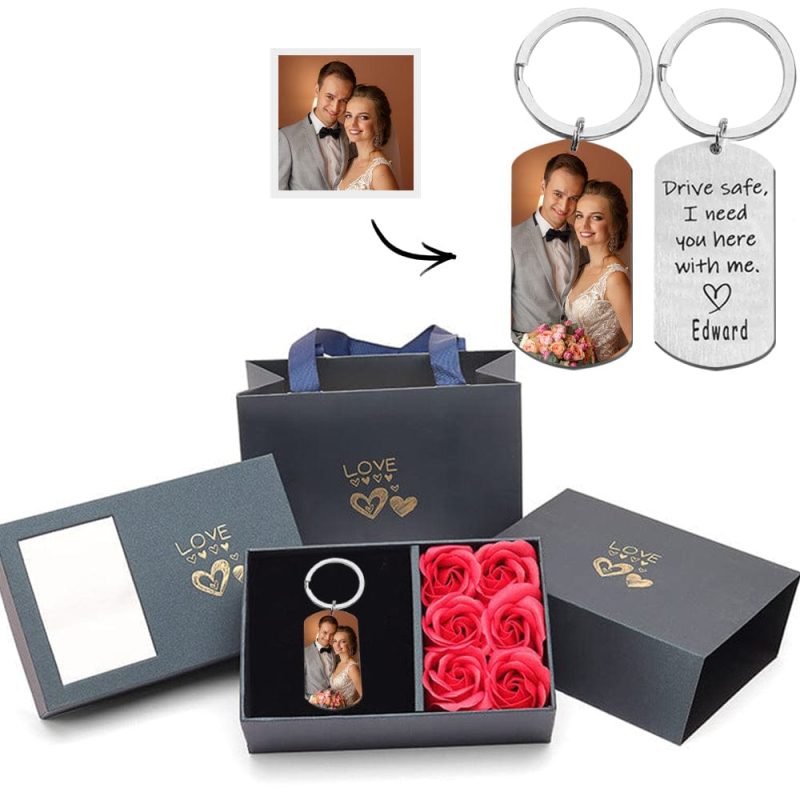 Wedding Gifts Drive Safe Keychain Custom Photo Keychain With Name For Boyfriend with Flower Box