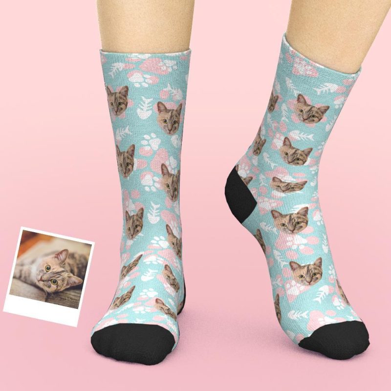 Custom Cat Socks Personalized Fish Bone Print Socks Best Gift for Cat Lover