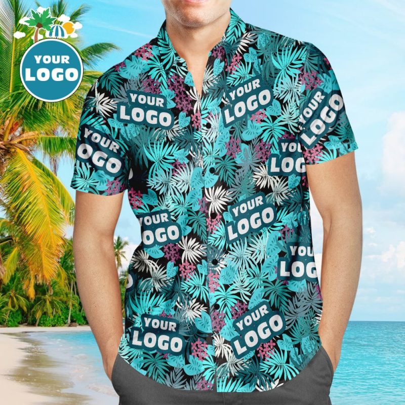Custom Logo Hawaiian Shirts Summer Leaves Design Personalized Aloha Beach Shirt For Men