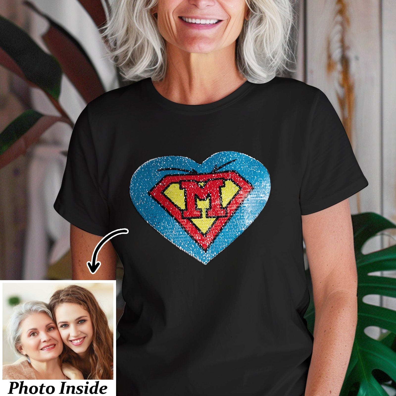 Custom Photo Heart Flip Double Sided Sequin T-shirt Personalized Picture Sequin Tee Mother's Day Gifts - Image 2