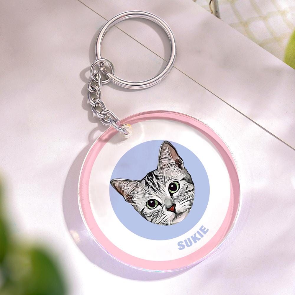 Custom Round Keychain Personalized Pet Photo with Name Keychains Gift for Pet Lover - Pink & Blue - Image 2