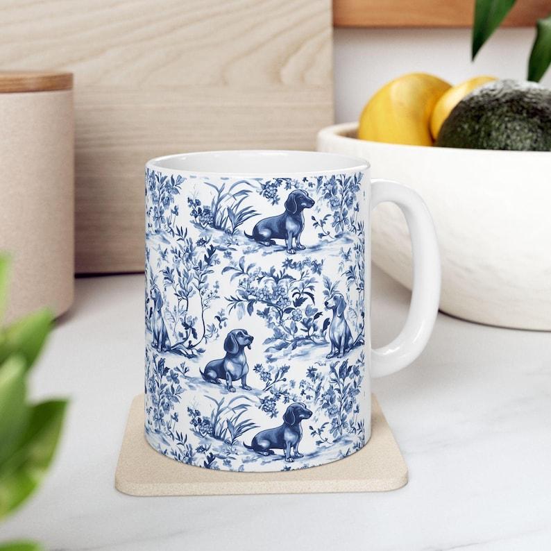 Dachshund French Toile de Jouy Mug – Blue Toile Coffee Cup for Doxie Mom, Sausage Dog Lover Gifts, Dog Tea Drinkware