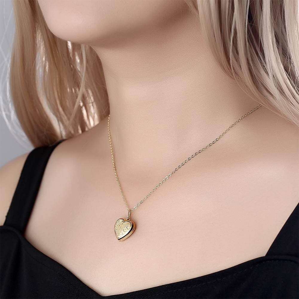 Heart Photo Locket Necklace With Name Embossed Cross Printing 14k Gold Plated - Image 2