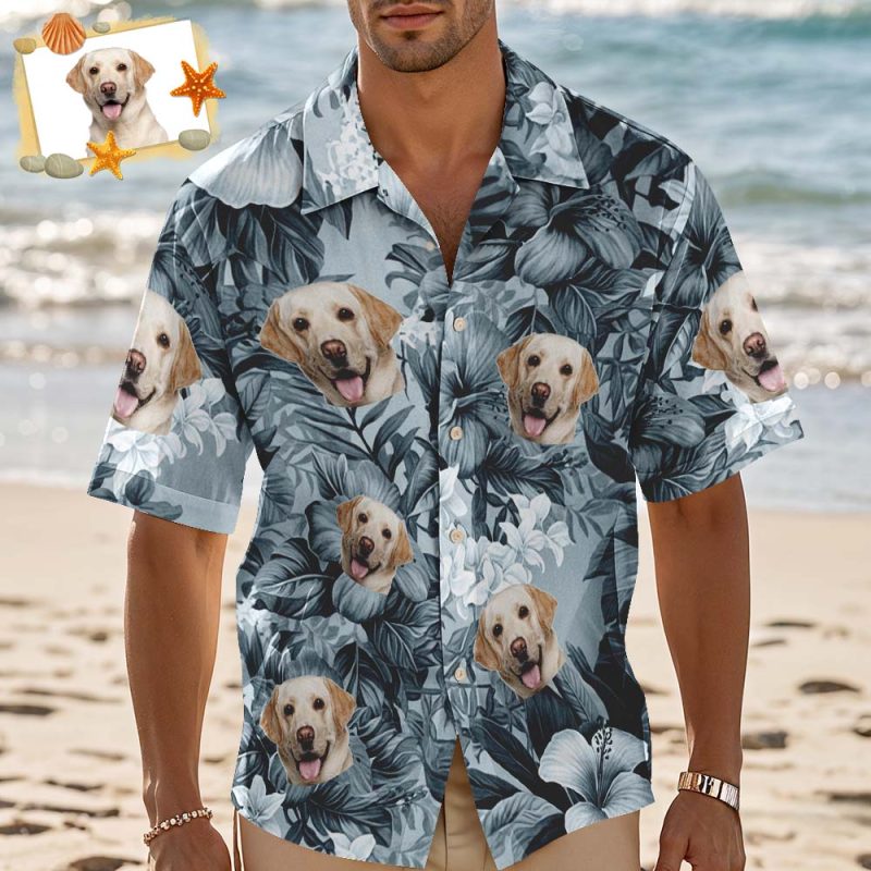 Custom Hawaiian Shirt Blue Leaves Personalized Photo Hawaiian Shirt Funny Vacation Party Shirts For Pets LoversUS