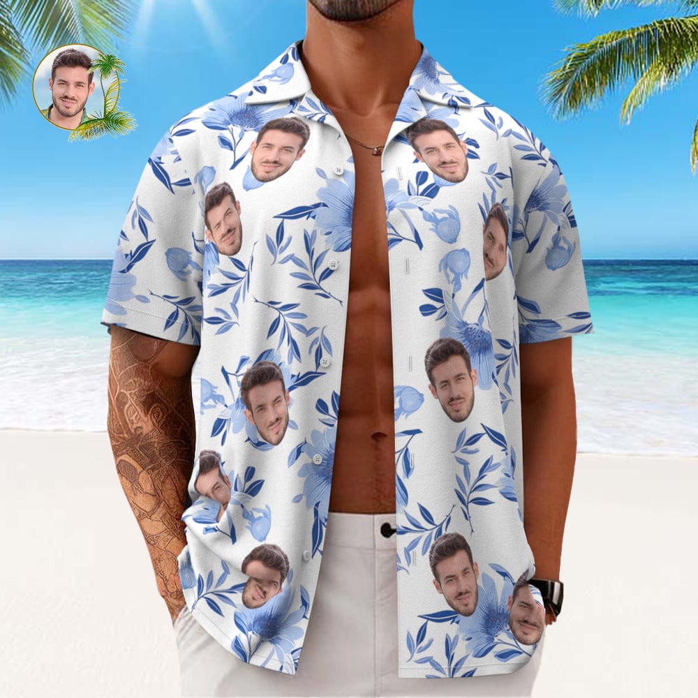 Custom Face All Over Print Men's Hawaiian Shirt Blue Leaves Gift for Him - Image 2