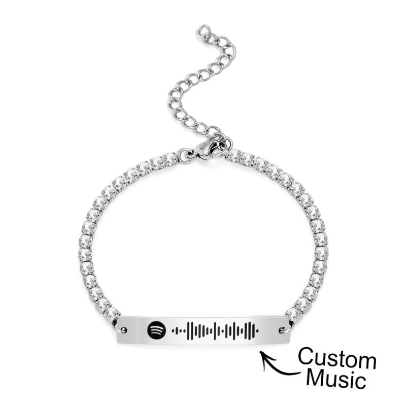 Custom Scannable Spotify Code Tennis Bracelet Unique Engraved Bar All Diamonds Bracelet Gift For Her
