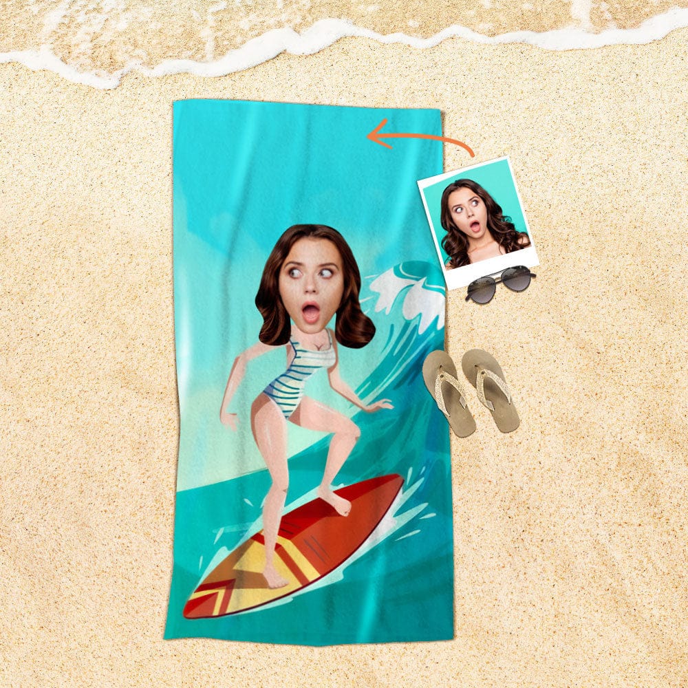 Custom Face Beach Towel Personalized Surf Girl Style Beach Towel Funny Gift for Summer - Image 2