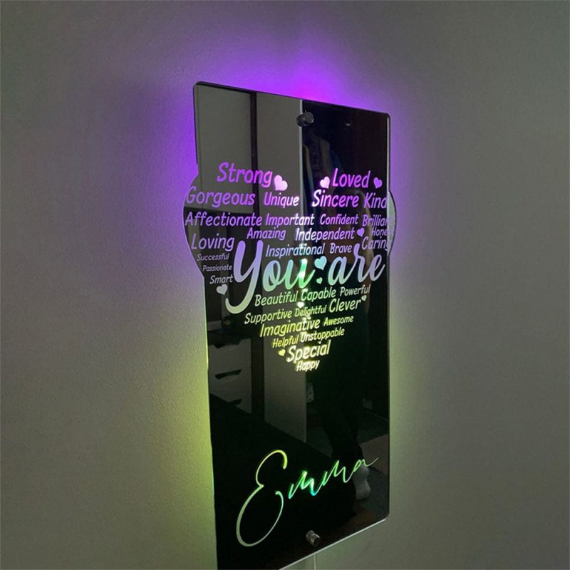 Custom Engraved Heart Mirror Light Multicolored Lights Gfits for Her