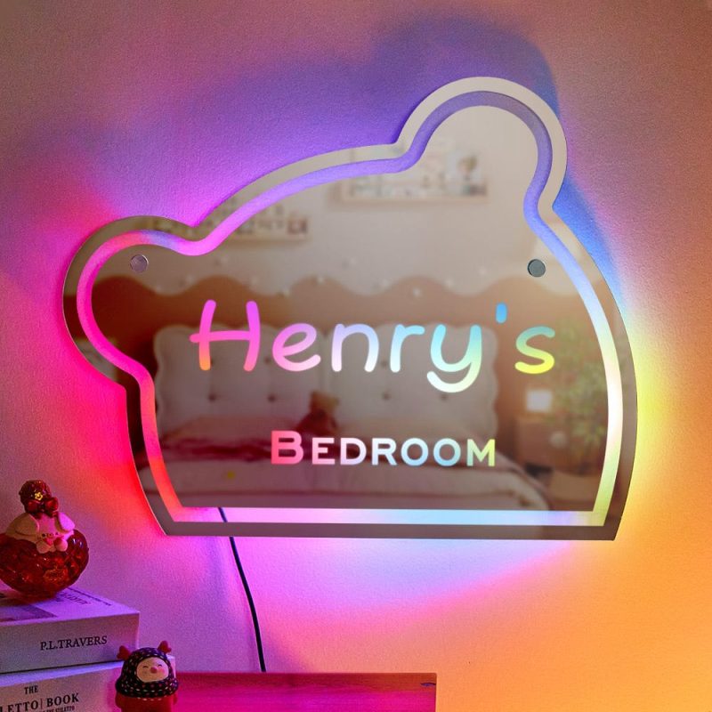 Custom Name Mirror Light Funny Children’s Bedroom Bear Gift