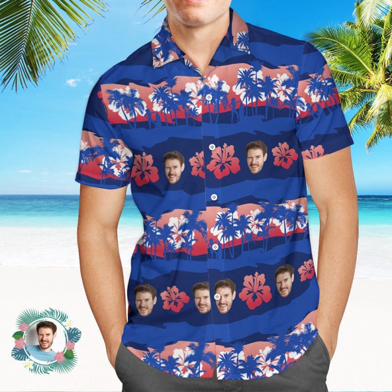 Custom Dark Blue Hawaiian Shirts Personalized Colorful Leaves Aloha Beach Shirt Gift For Him