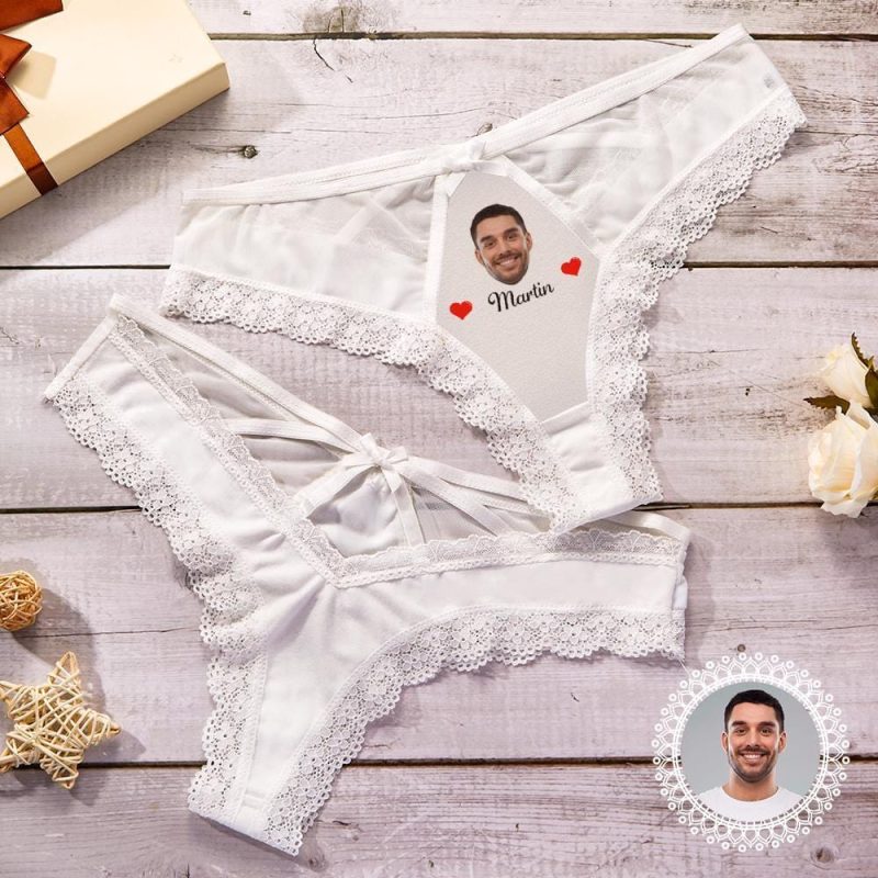 Custom Sexy Lace Panties White Lace Panties Add Boyfriend Face and Name Valentine’s Day Present for Her