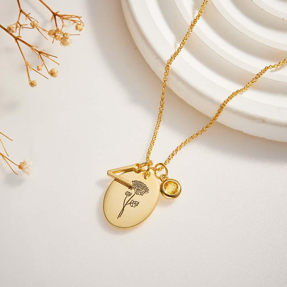 Personalized Text Birthstone Necklace Birth Flower Necklace Gift for Mom - Image 2