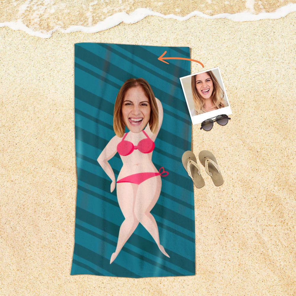 Custom Face Beach Towel Personalized Sexy Pink Bikini Beauty Style Beach Towel Funny Gift for Summer - Image 2