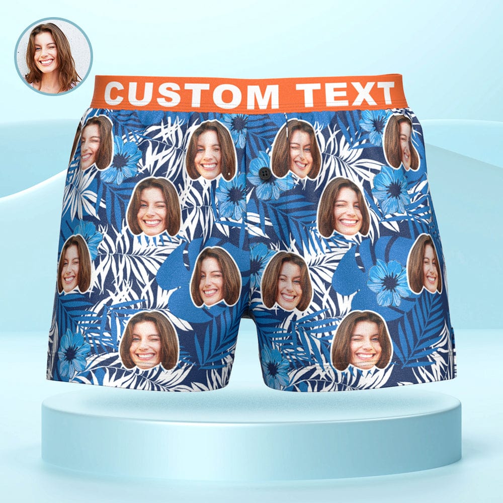 Custom Face Leaves and Flowers Print Boxer Shorts Personalized Waistband Casual Underwear for Him - Image 2