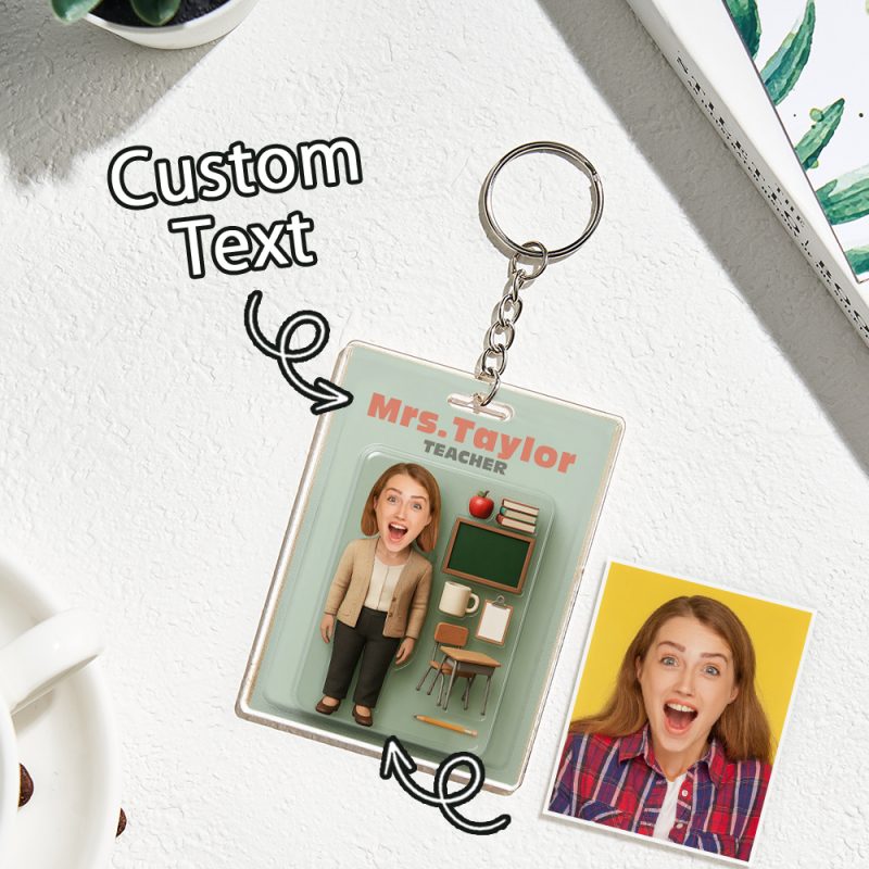 Custom 3D Effect Action Figure Customizable Head Packaging Toy Box Style Art Gift Personalized 2D Printing Acrylic Keychain Creative Gift for Teacher