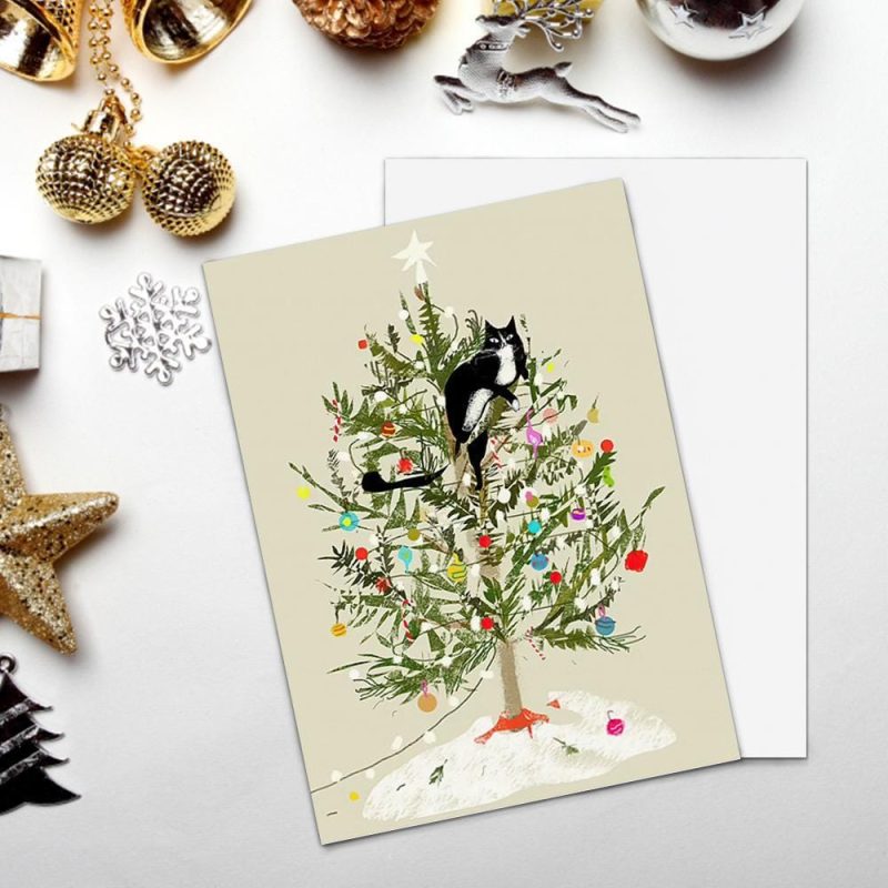 Xmas Card With Christmas Tree Cat-Vertical Card