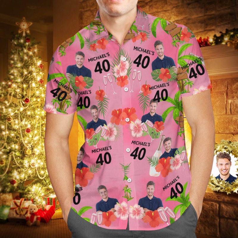Custom Pink Date and Name Birthday Face Hawaiian Shirt  Red Flower and Coconut Tree Hawaiian Shirt