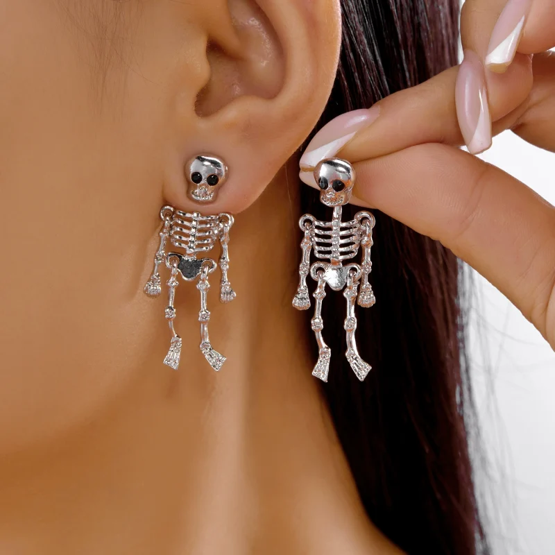 Spooky Halloween Movable Skeleton Dangle Stud Earrings Full Body Skeleton Drop Earrings for Party Gothic Costume Jewelry